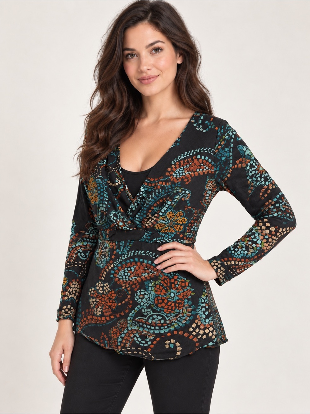 INC International Concepts Mosaic Paisley Wrap Long Sleeve Top Black XS/S
